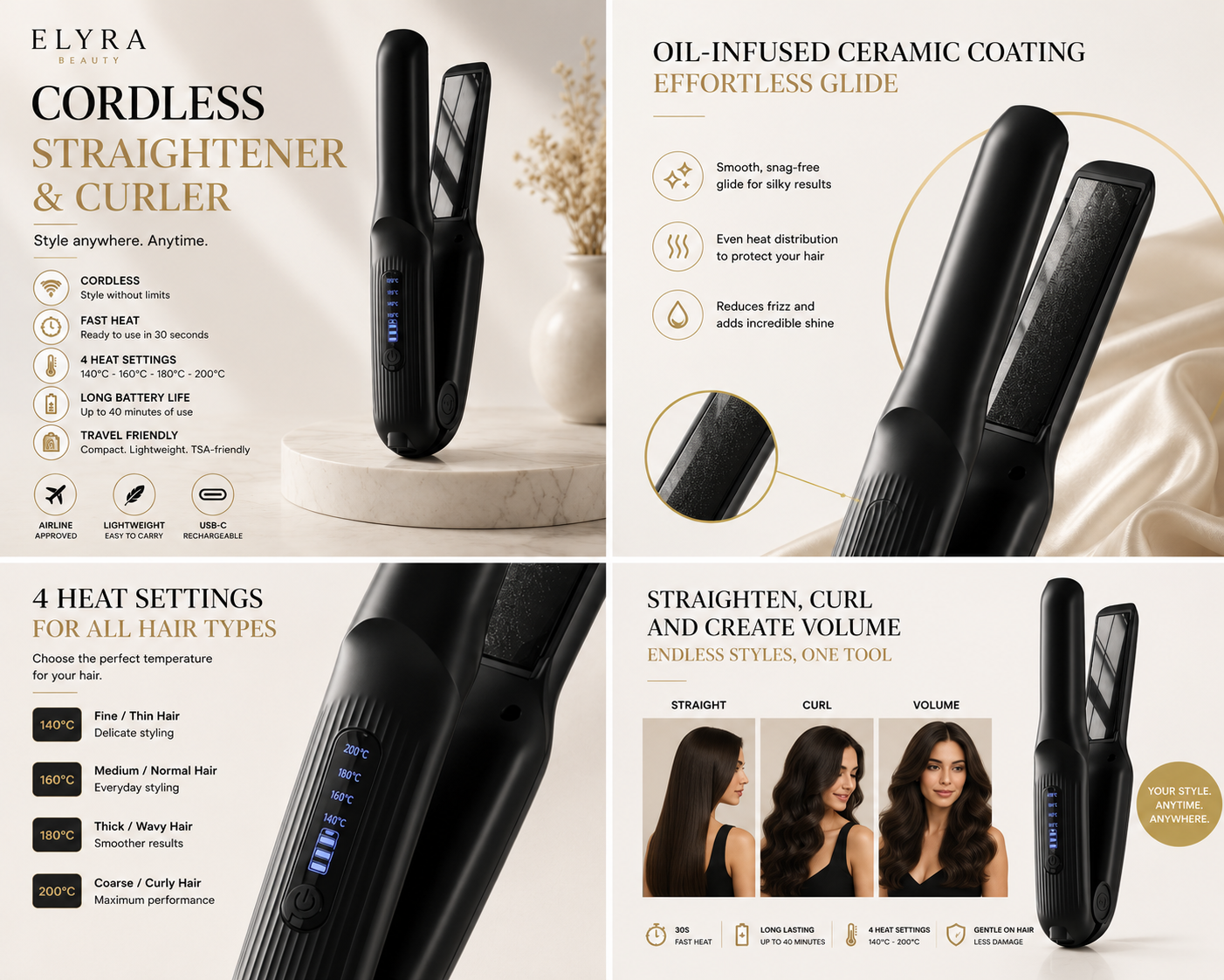 Elyra Beauty Cordless Straightener & Curler features
