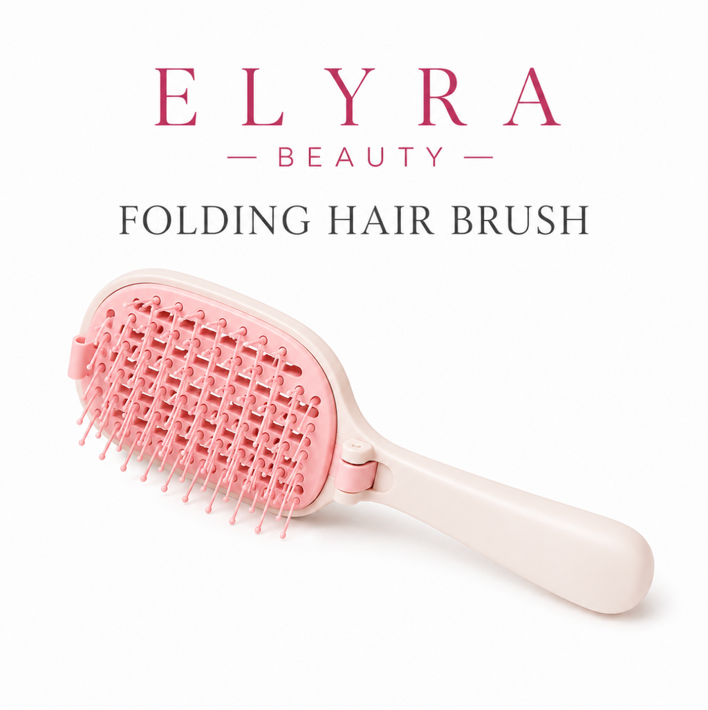 Elyra Beauty Folding Hair Brush dimensions and one-second cleaning feature